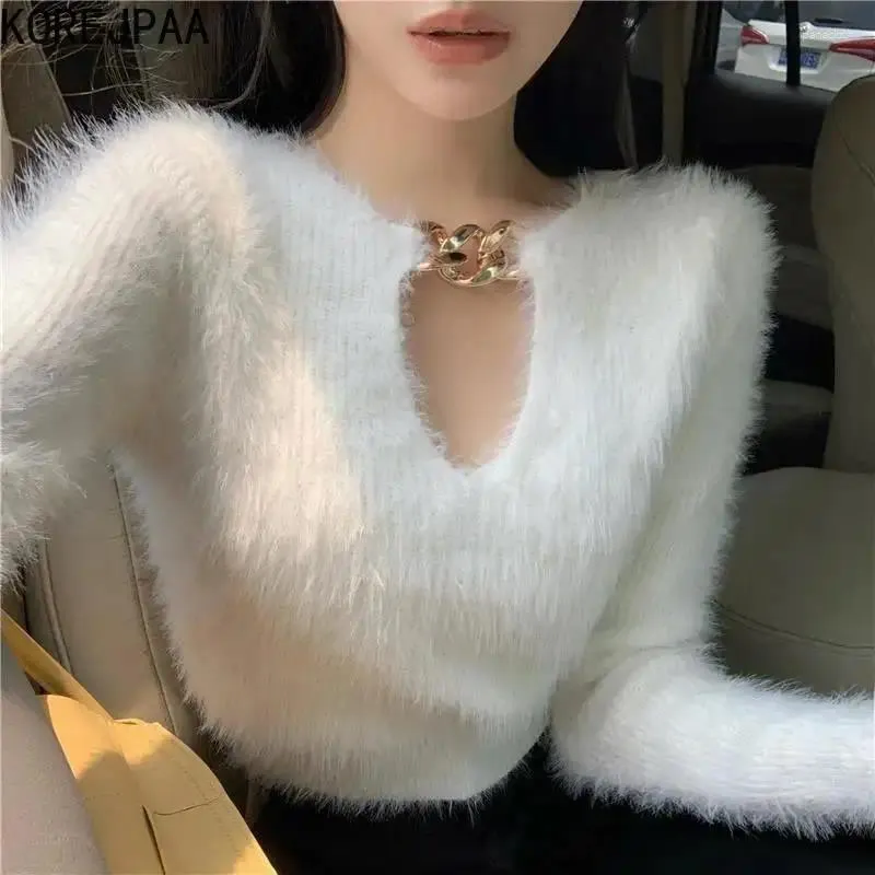 Swetry damskie Korejpaa Pull femme elegancki okrągła szyja pusta łańcuch Slim Sweater z długim rękawem Knitwear Solid White Pullover Knit Top