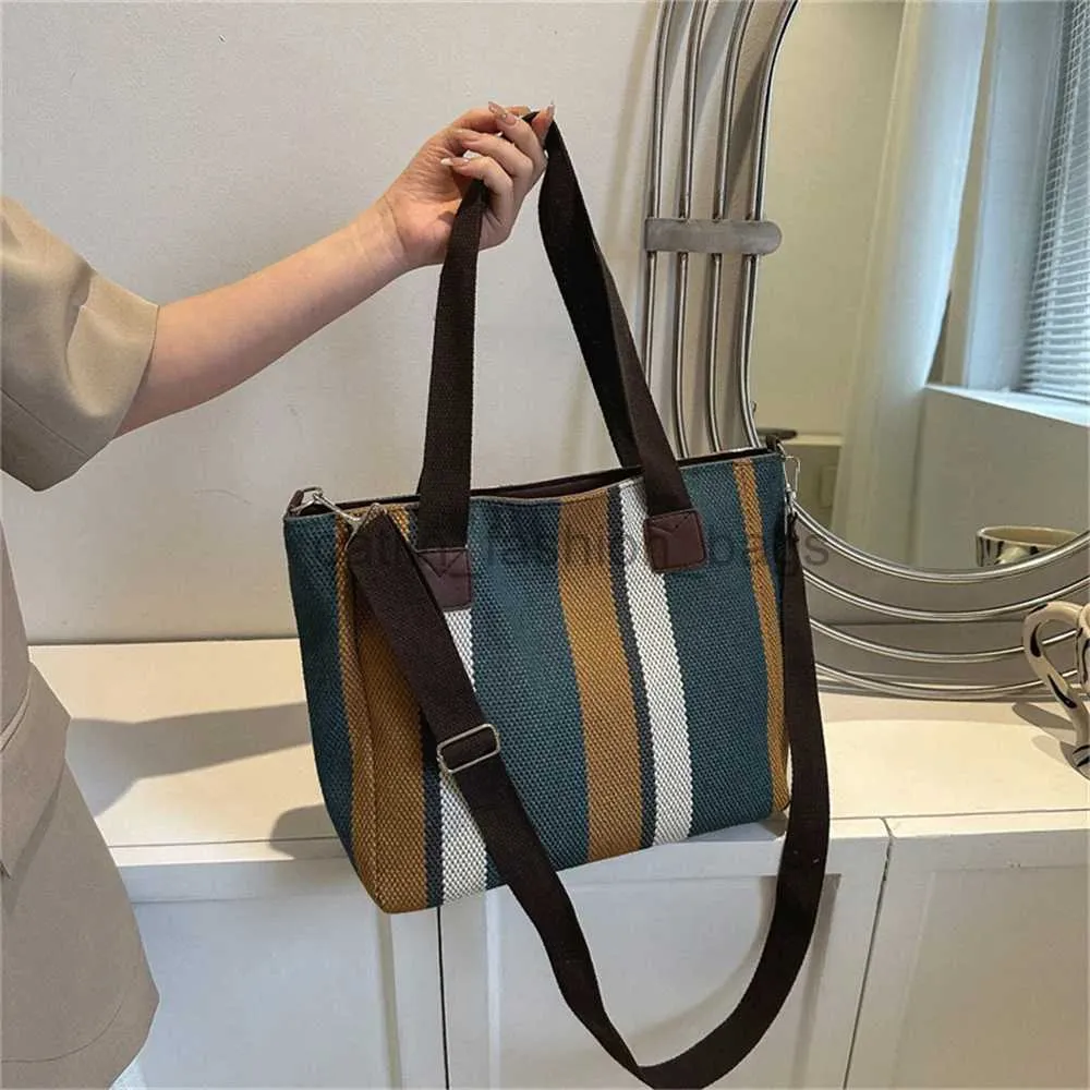 Bolsas femininas de ombro em lona reutilizáveis listradas com estampa fasion de grande capacidade e bolsas casuais simples para estudantescatlin_fashion_bags