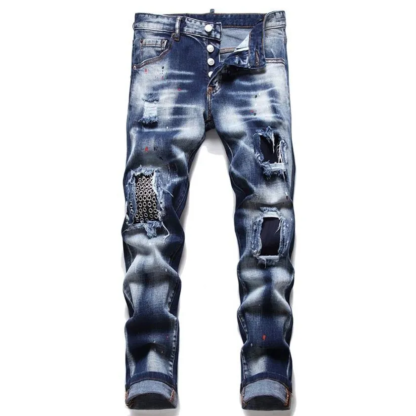 Jean de mendiant extensible pour hommes, coupe cintrée, Badge déchiré, pantalon en Denim, 5 poches, en coton régulier, trou détruit, vêtements 267s