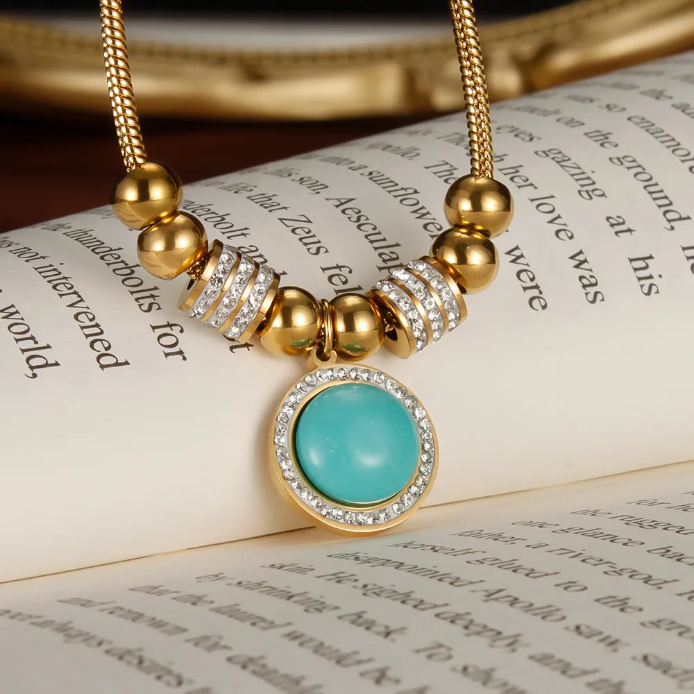 Luxury Crystals Blue Turquoise Round Pendant Stainless Steel Fashion Simple Gold Beads Necklace Chain 18inch for Women Lady