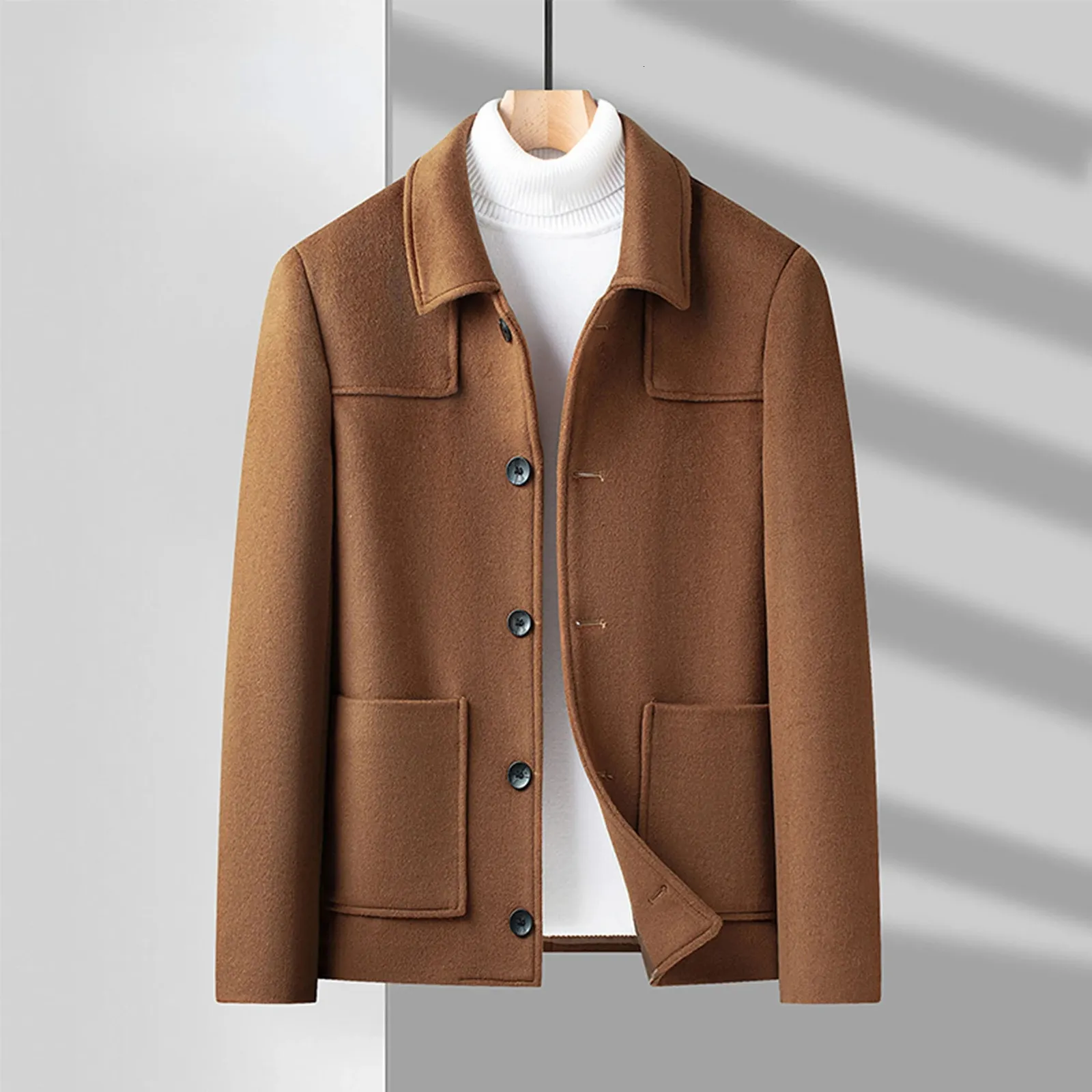 Мужская полушерстяная мужская короткая шерстяная коричневая куртка на пуговицах с длинным рукавом, винтажное зимнее полушерстяное пальто, повседневная мужская одежда больших размеров 3xl 231017