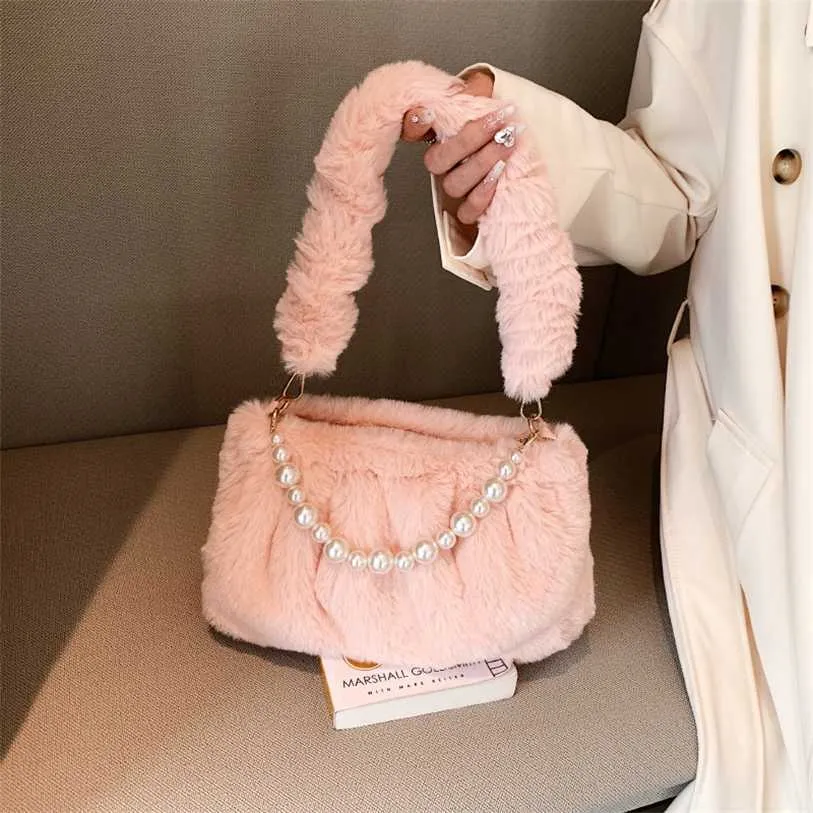 winters Evening Bags Autumn and Winter High Quality Fur Bag Women's Ins Shoulder Pearl Hand Plush Pleated Bucket