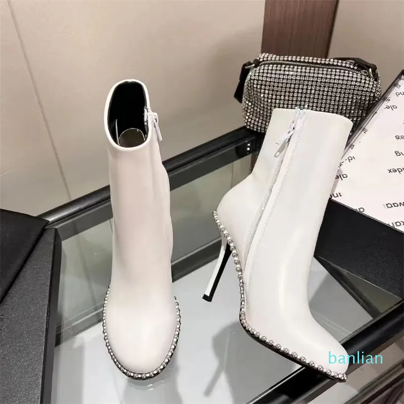 stud embellished booties calf leather ankle boots crystal silver tone stud embellishment high stiletto heels round toe designers women
