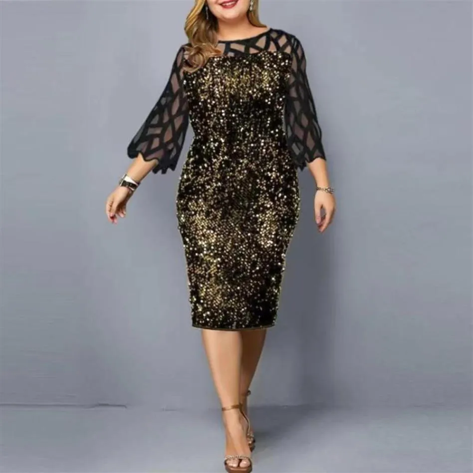 Plus Größe Kleider Elegante 2022 Frauen Sexy Midi Pailletten Abendkleid Langarm Gold Party Nacht Mesh Luxus Clothing290Y