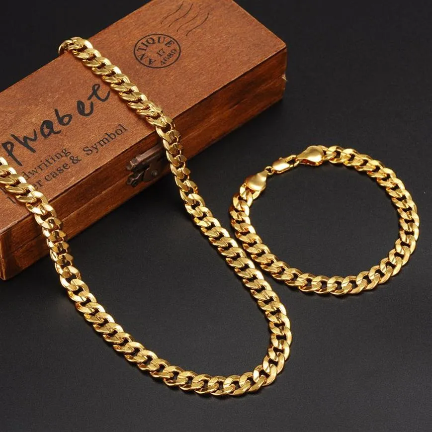 Klassiker fashionabla äkta 24k gula guld gf herrkvinna halsband armband smycken set fast trottoarkedja nötning resistent287z