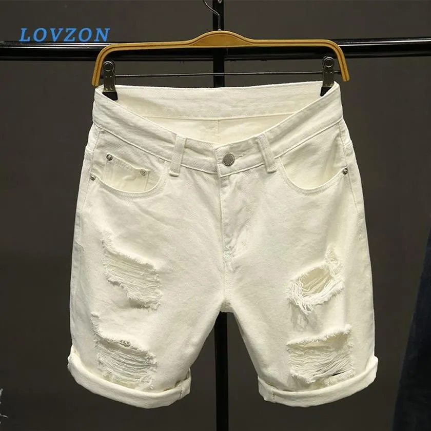 Мужские белые джинсовые шорты, новые летние мужские короткие джинсы с отверстиями, хлопковые эластичные повседневные 284G
