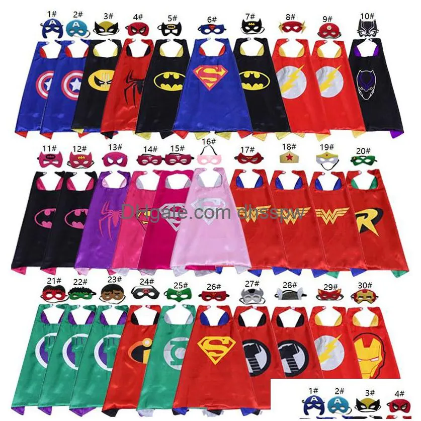 70x70cm çift taraflı saten karikatür cosplay kostümleri toptan 30 figür süper kahraman pelerin maskeleri set çocuklar cadılar bayramı Noel partisi s