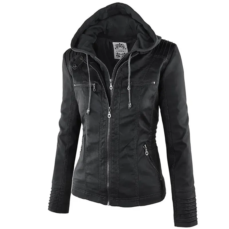 Giacche da donna Moda Inverno Giacca in ecopelle Giacche basic da donna Giacca da moto slim nera con cappuccio Donna Cappotti Donna jaqueta 231017