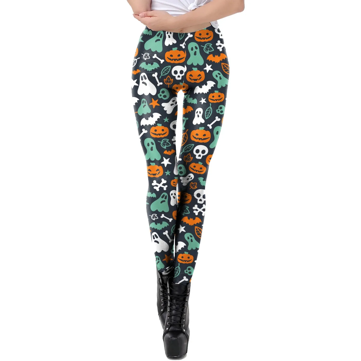 Kvinnors leggings pumpa lykta serie sexiga mager kläder jegings söm elastiska halloween skalle tryck kvinnor byxor 231018