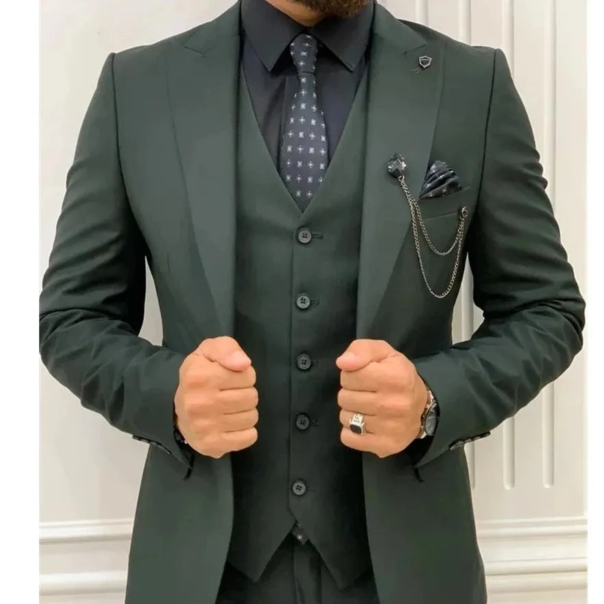 Men's Suits Blazers Dark Green Wedding Tuxedos Men Suit Lapel Terno Masculino Slim Fit Groom Prom Man Blazer Custom 3 Pieces Jacket Pant Vest 231017