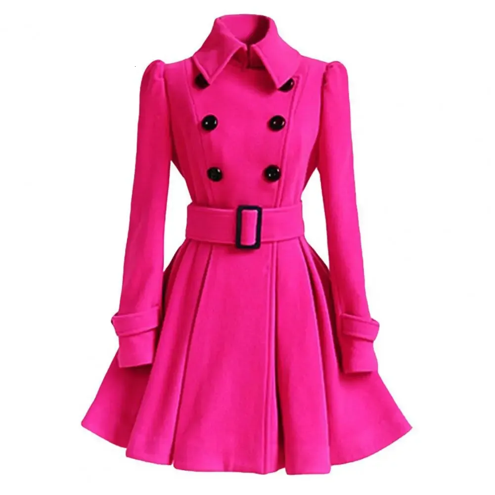 Women's Wool Blends Women Winter Coat Thick Midi Length Solid Color Double-breasted Lapel Keep Warm A-line Loose Hem Tight Waist Lady Dress Jackets 231017