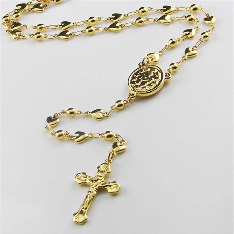 Söt stil 5 mm womengirls'gift guld radband halsband rostfritt stål religiöst jusus cross pärlor hjärtan crucifix293g