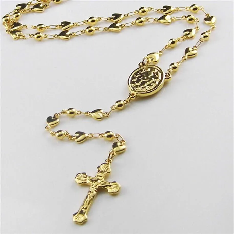 Zoete Stijl 5 mm WomenGirls'Gift Gouden Rozenkrans Ketting Rvs Religieuze Jusus Kruis Kralen Harten Crucifix293G