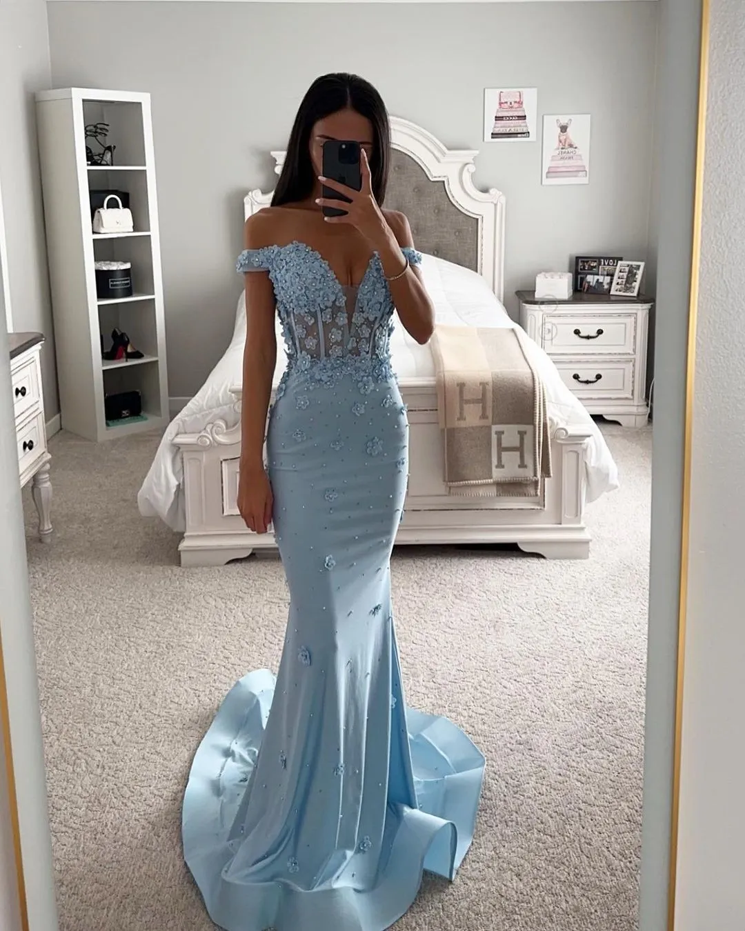 Romantic Mermaid Evening Dresses for Women Off Shoulder Handmade Flowers See Through Formal Occasions Wear Party Second Reception Birthday Pageant Prom Gowns