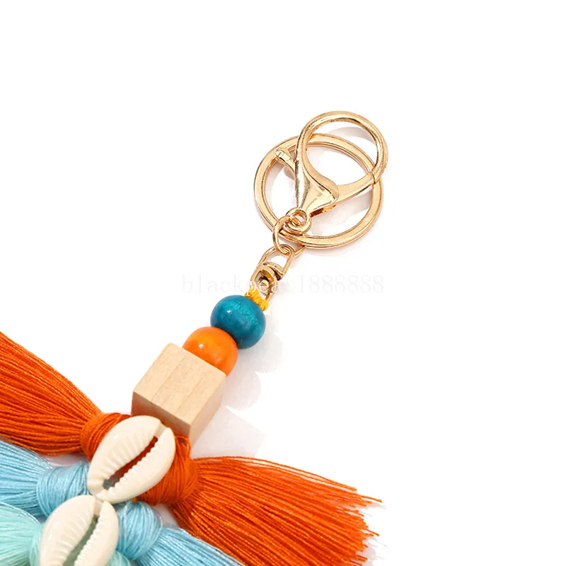 Bohemia Hair Ball Keychains Beach Shell Pompom Tassel Key Chain Rings Colorful Keyring for Women Bag Hanging Pendants Decoration