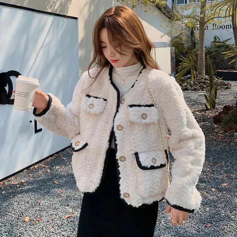 Lucyever coréen Chic blanc laine d'agneau veste dames mode Streetwear chaud en peluche vêtements d'extérieur femmes automne hiver fausse fourrure manteau 231017