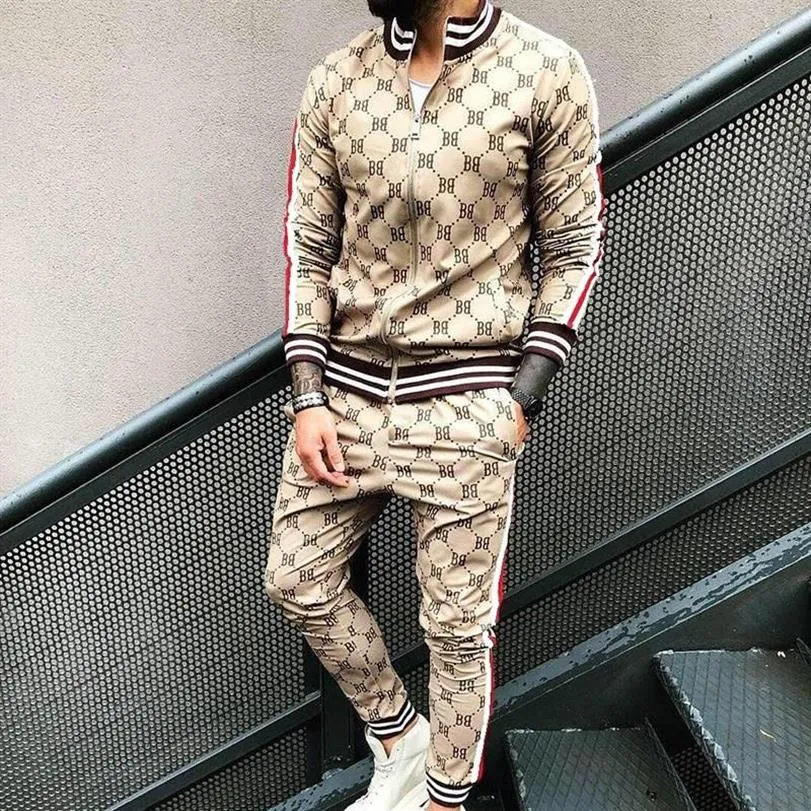 Men's Tracksuits 2Pieces Set Men Fashion Classic Print Jackets And Pants Silm Zipper Pullover Sportswear Gentlemen Plaid Mens259U