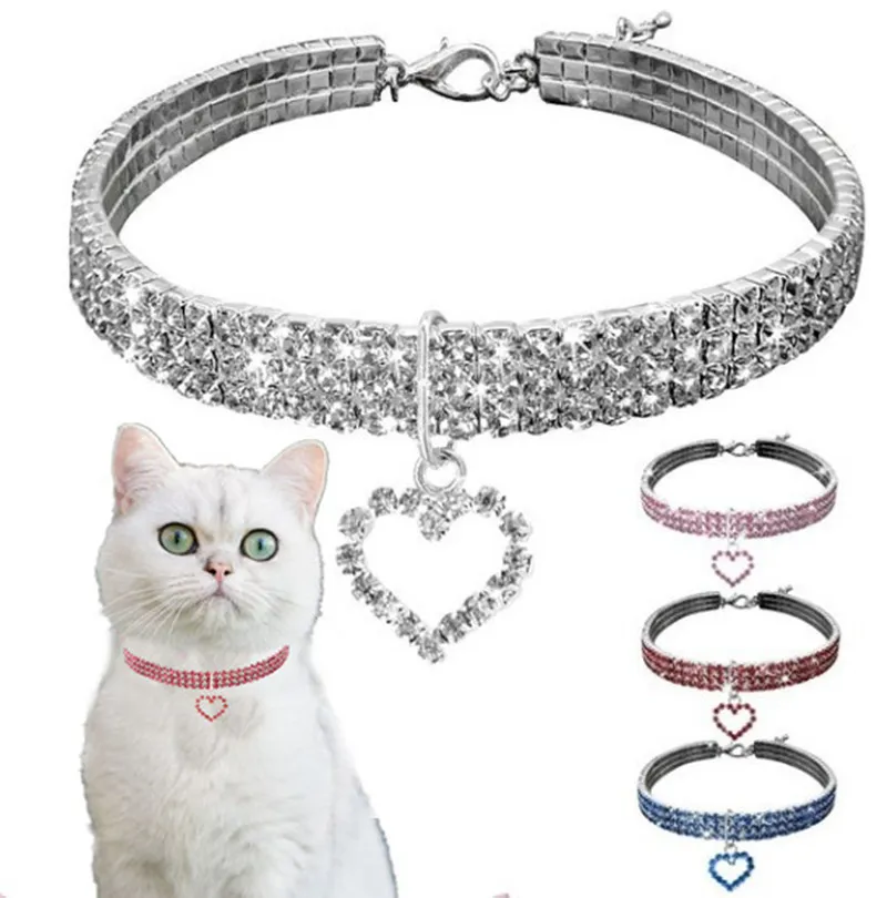 Collare per cani e gatti Collare per animali domestici con strass a forma di cuore Forniture per collari per cuccioli di cristallo Chihuahua Collana Guinzagli per cani