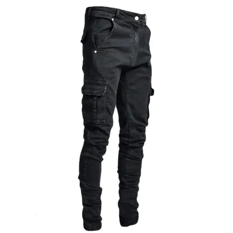 Men's Jeans Men's Multi Pockets Jean Denim Biker Jean Skinny Runway Distressed Slim Elastic Homme Hip Hop Military Motorcycle Cargo Pant 231017