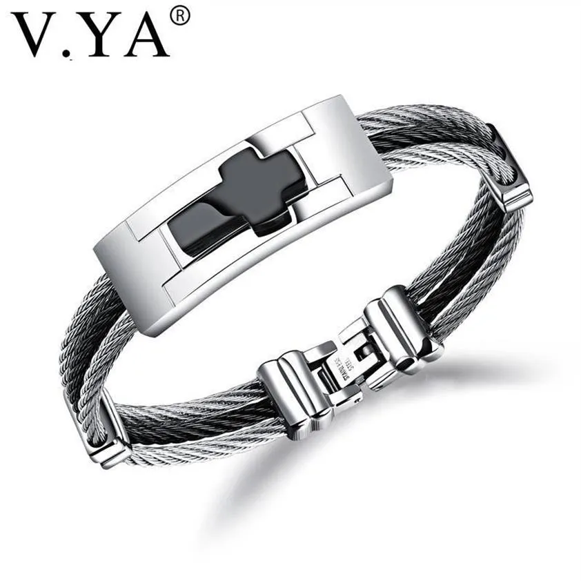 Bracelets de charme V YA 3 rangées de chaîne de fil de manchette en acier inoxydable pour hommes Punk bricolage personnalisé graver des bijoux pour hommes noir argent couleur Ban270i