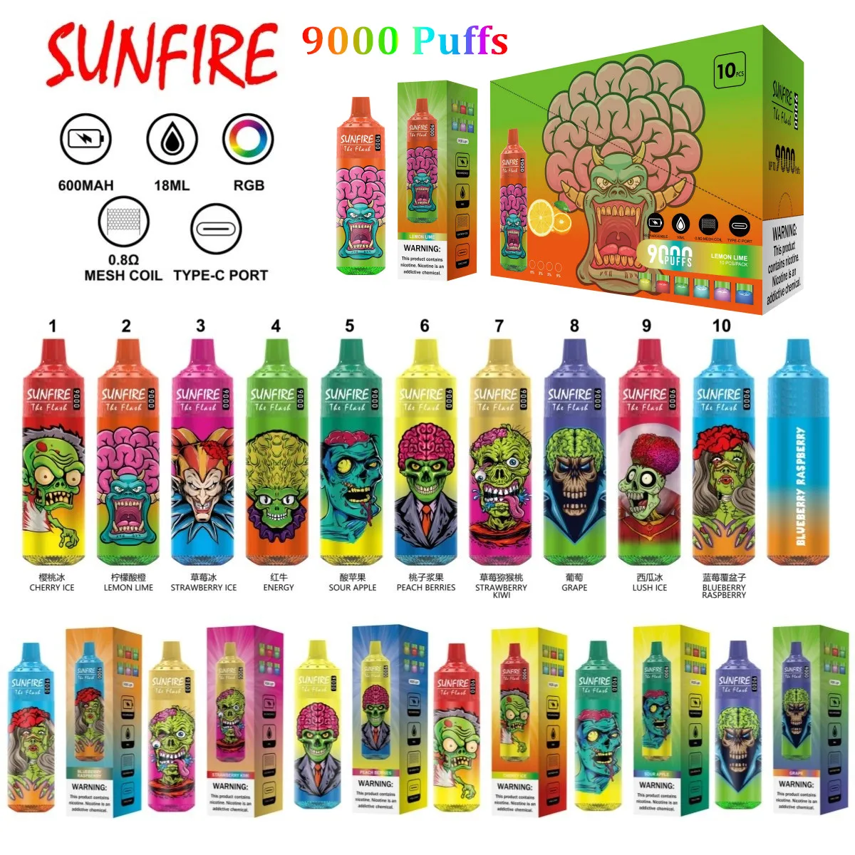 Autentisk Sunfire Tornado 9000 Puffs engångsånga E -cigaretter 18 ml Mesh Coil 850mAh POD 0% 2% 3% 5% Laddningsbara elektroniska cigs Inga läckande puffar 9K enorma vapers bar