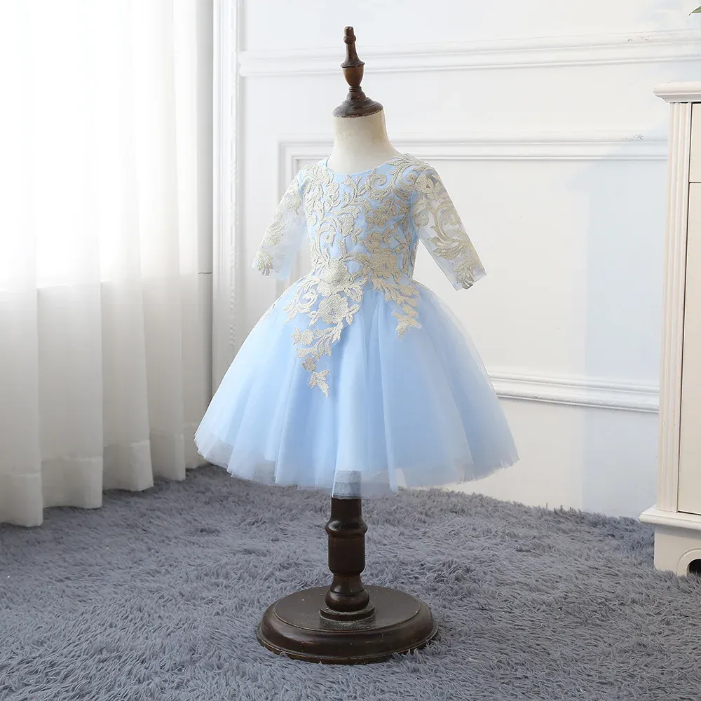 Robe à fleurs pour filles, en dentelle, manches 3/4, pour spectacle d'anniversaire, jupe courte bouffante de princesse, faite à la main, sur mesure