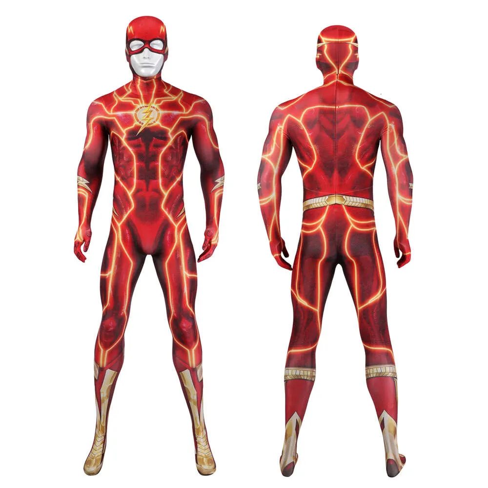 Red Flash Barry Cosplay Allen Costume 3D Printing Flash Cosplay Point Costume Red Zentai Jumpsuit med mask för vuxna män