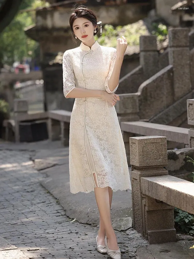 Roupas étnicas Outono Vintage Elegante Mandarim Collar Sete Pontos Manga Qipao Mulheres Split AoDai Lace Cheongsam Vestido Chinês