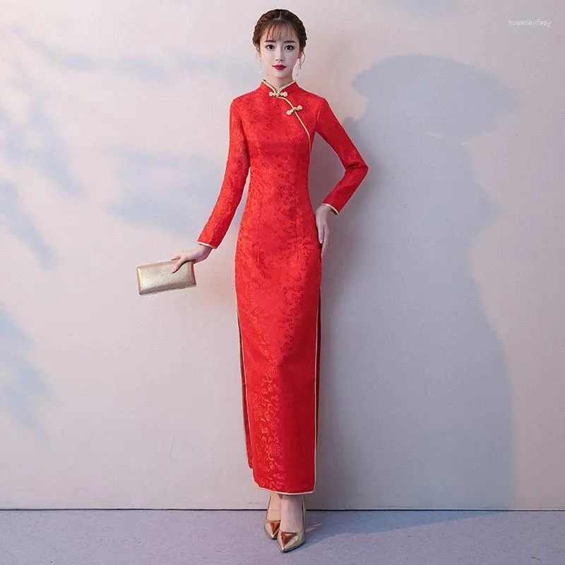 Etnisk kläder Sexig kinesisk klänning Qipao Kvinna Long Bride Wedding Red Cheongsam Lace Robe Oriental Style klänningar Traditionell aftonklänning