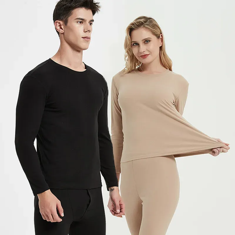 Mens Thermal Underwear Winter Men Women Sets Solid Color O Neck Long Johns Warm Soft Casual Double Faced Velvet Tops Pants 231018