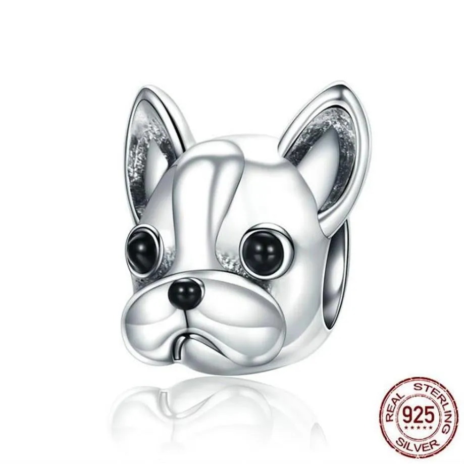 Real 925 Sterling Silver Charms Bead for European Bracelets Bulldog Dog Beads fit Charm Bracelet DIY Animal Jewellery Accessories205H