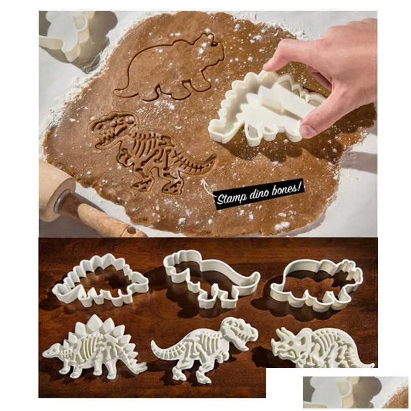 Bakformar mods 3D dinosaurie cookie cutters mögel kex prägling mod sockercraft dessert sile för sop cake dekor verktyg 230923 drop dh87h