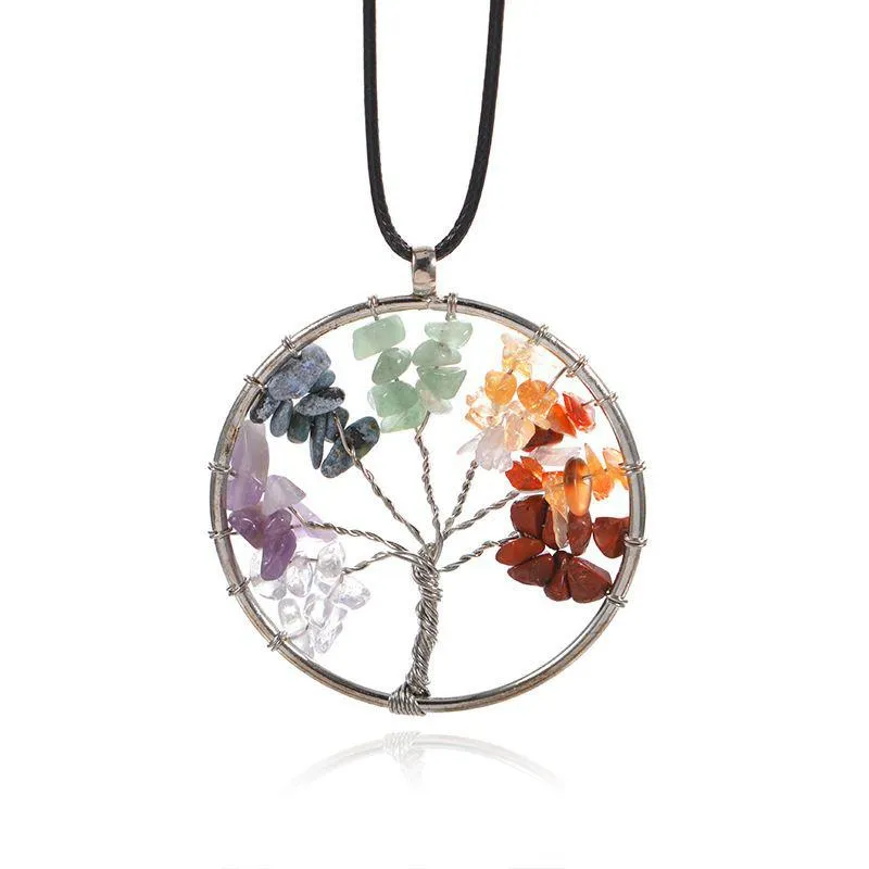 Collier pendentif pendum en pierre naturelle pour femmes, 7 chakras, Quartz, arbre de vie, cristal de guérison, bijoux Reiki, noir Lea Dhe3O