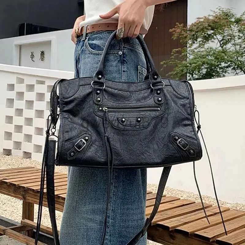 Borse a tracolla Donna Rivetto Nero e borsa Borsa a tracolla in ecopelle Pu di grande capacità Borsa a tracolla retrò casual con cernieraqwertyui879