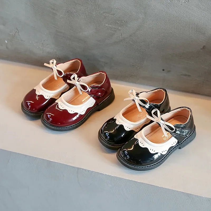 Sneakers Children Mary Janes Red Black Ruffles Bowknot Patent Leather Kids Princess Shoes 21 30 Round Toe Spring Fashion Girl S Flat Shoe 231017