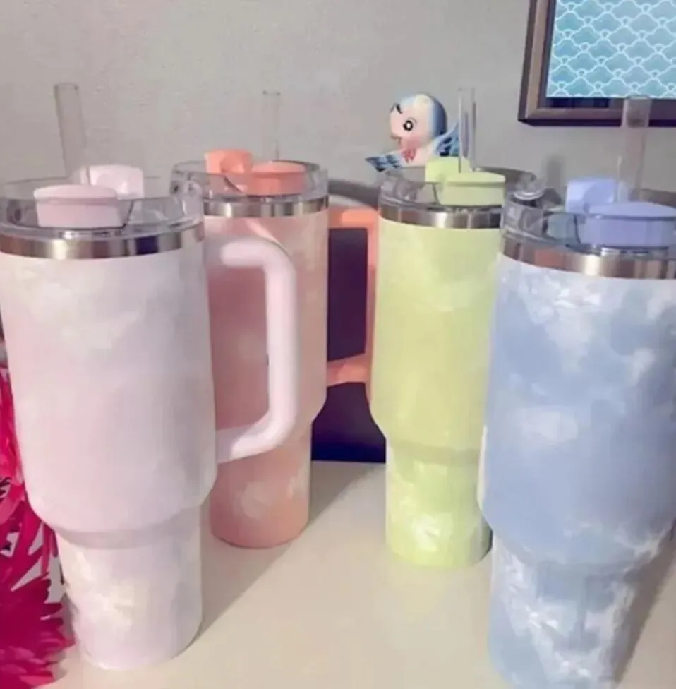 سفينة من الولايات المتحدة الأمريكية Wisteria Tie Pink Dye Pink Adventure Checher Travel Tumbler Cups 40oz مع مقبض الأغطية المعزولة Straw Straw Steel Steel Termos Cup GG1018