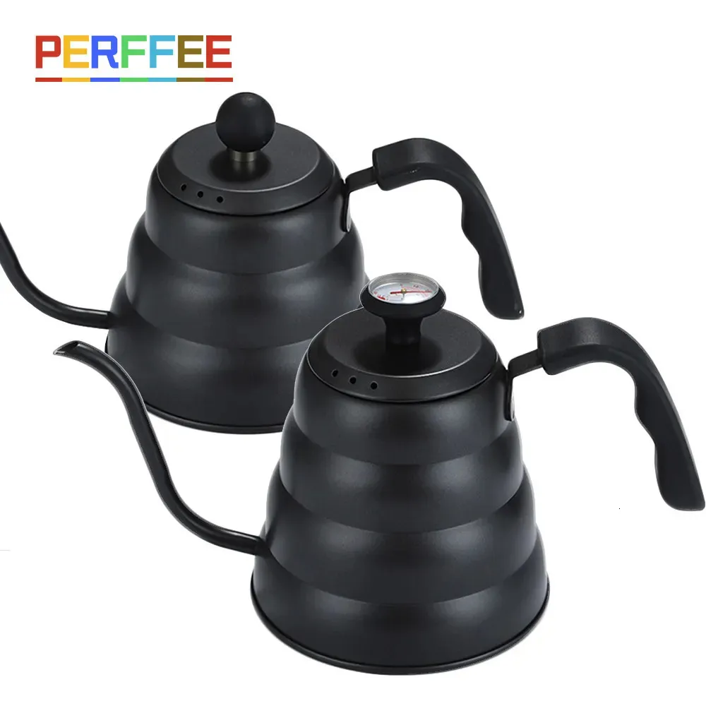 Coffee Pots 1L/1.2L Black Drip Kettle Thermometer Pour Over Coffee Pot Swan Long Neck Stainless Steel Thin Mouth Gooseneck Cloud Drip Kettle 231018