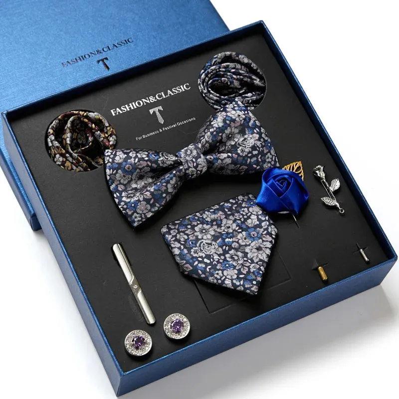 Bow Ties Męskie krawat Zestaw prezentu z kasekiem Bowtie Square Square Mankiety Mankiety klipowe broszki garnitur na przyjęcie weselne mężczyzn krawat busniess ph24 231013