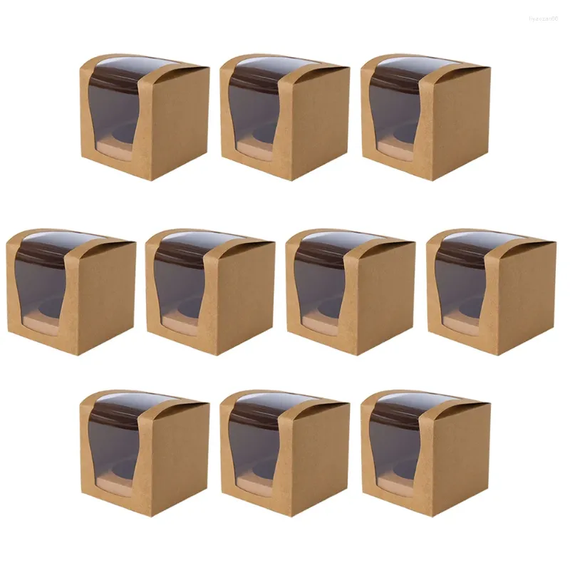 Ta ut containrar 10 datorer Portable Cake Box Clear Dessert Single Cupcake Carrier Kraft Paper