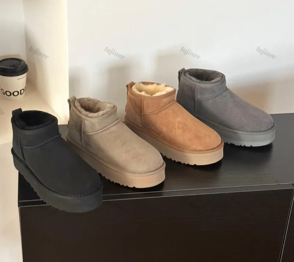 Mini botas de neve mulher plataforma bota quente inverno clássico camurça sapatos pele carneiro couro genuíno botas de pelúcia com pele