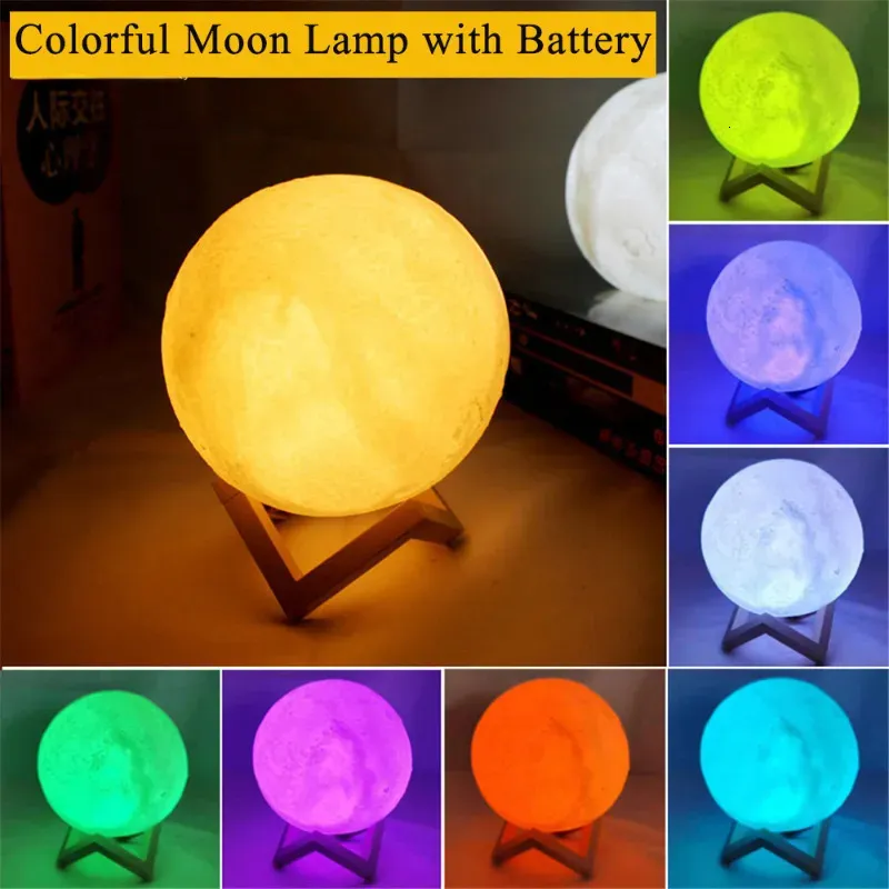 Novelty Items LED Night Light 3D Printing Moon Lamp with Stand 8CM12CM15CM Battery Powered 7 Color Change Kids Home Decor 231017