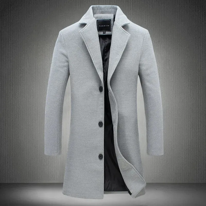 Casual Wool Coat Men Spring Autumn Long Cotton Blend Overcoat