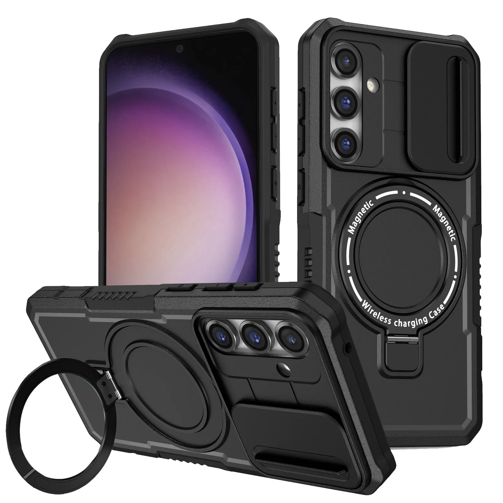 SUCKSUST MAGSAFE MATTE MAGNETISK RING Kickstand Fall för Samsung Galaxy S23 Fe S22 S21 Obs 20 Ultra Slide Lens Camera Protection Phone Cover