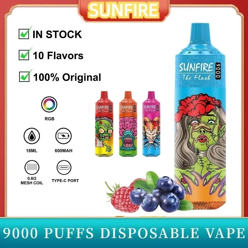 Sunfire 9000 Puflar Tek kullanımlık vape kalem puf 7K 9K 12K Elektronik Sigara 18ml Pod Mesh Bobin Puff 9k şarj edilebilir 0mg 20mg 30mg 50mg Cihaz Buharlaştırıcı yemyeşil buz aroması