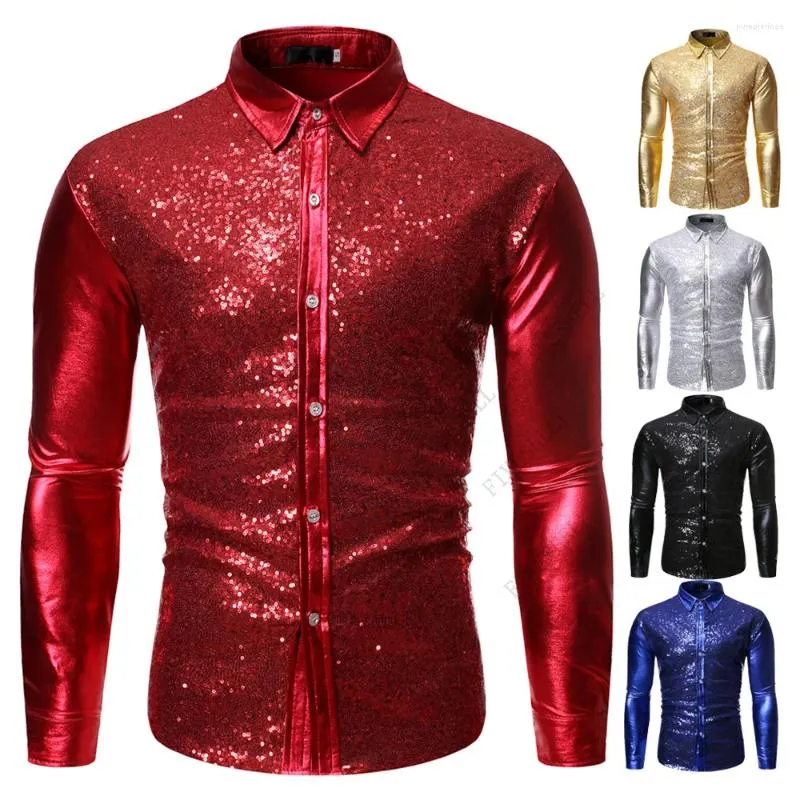 Chemises décontractées pour hommes Paillettes rouges Nightclub Robe Chemise Tuxedo 2023 Brillant Glitter Hommes Slim Fit Camisas Hombre Party Mariage