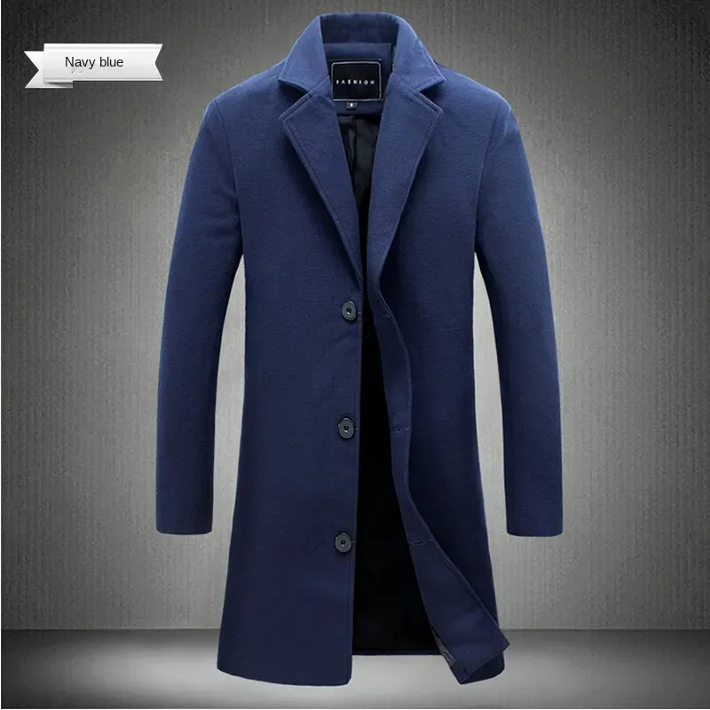 Casual Wool Coat Men Spring Autumn Long Cotton Blend Overcoat
