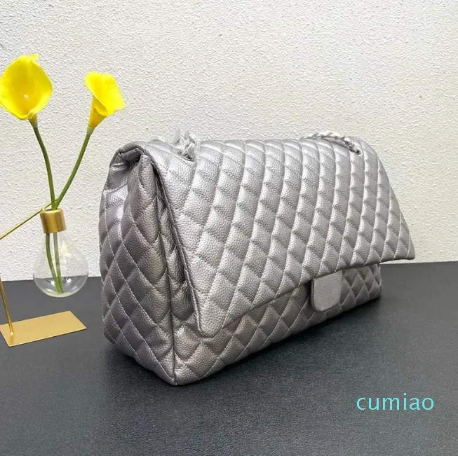 Bolsos acolchados de cuero de caviar con solapa única maxi clásicos Bolsos cruzados de gran capacidad con cadena Matelasse de herrajes plateados/dorados envejecidos de piel de vaca