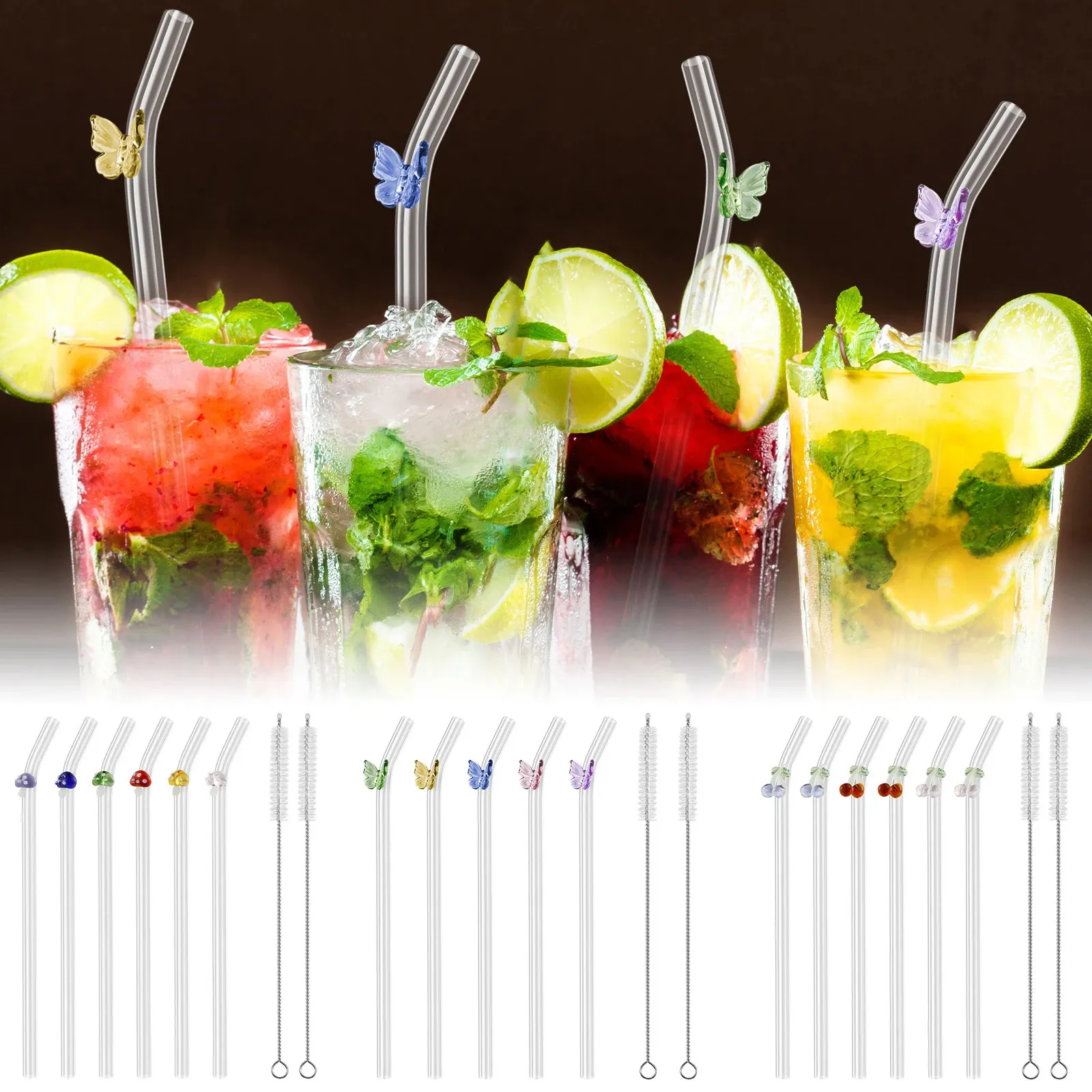 Drinkware Lid 5 6Pcs Reusable Straws Drinking Glass Straw with Cleaning Brush Cute Butterfly Cherry Mushroom Bubble Tea 231018