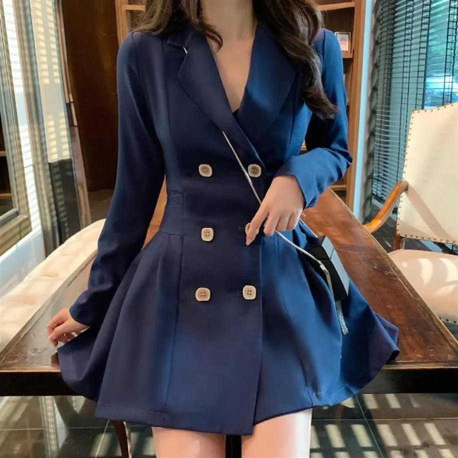 Robes décontractées Femmes Double poitrine Notched Coll Collier Blazer Robe Signifie solide chic Elegant Plelated A-Line Mini 2021 printemps F2516