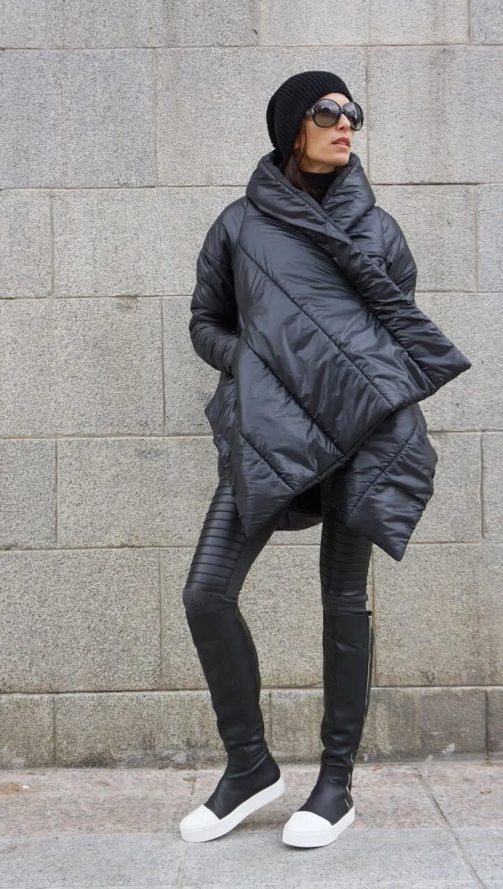Jaqueta de inverno com capuz, casaco extra quente assimétrico extravagante preto com capuz, à prova d'água, acolchoado com bolsos laterais